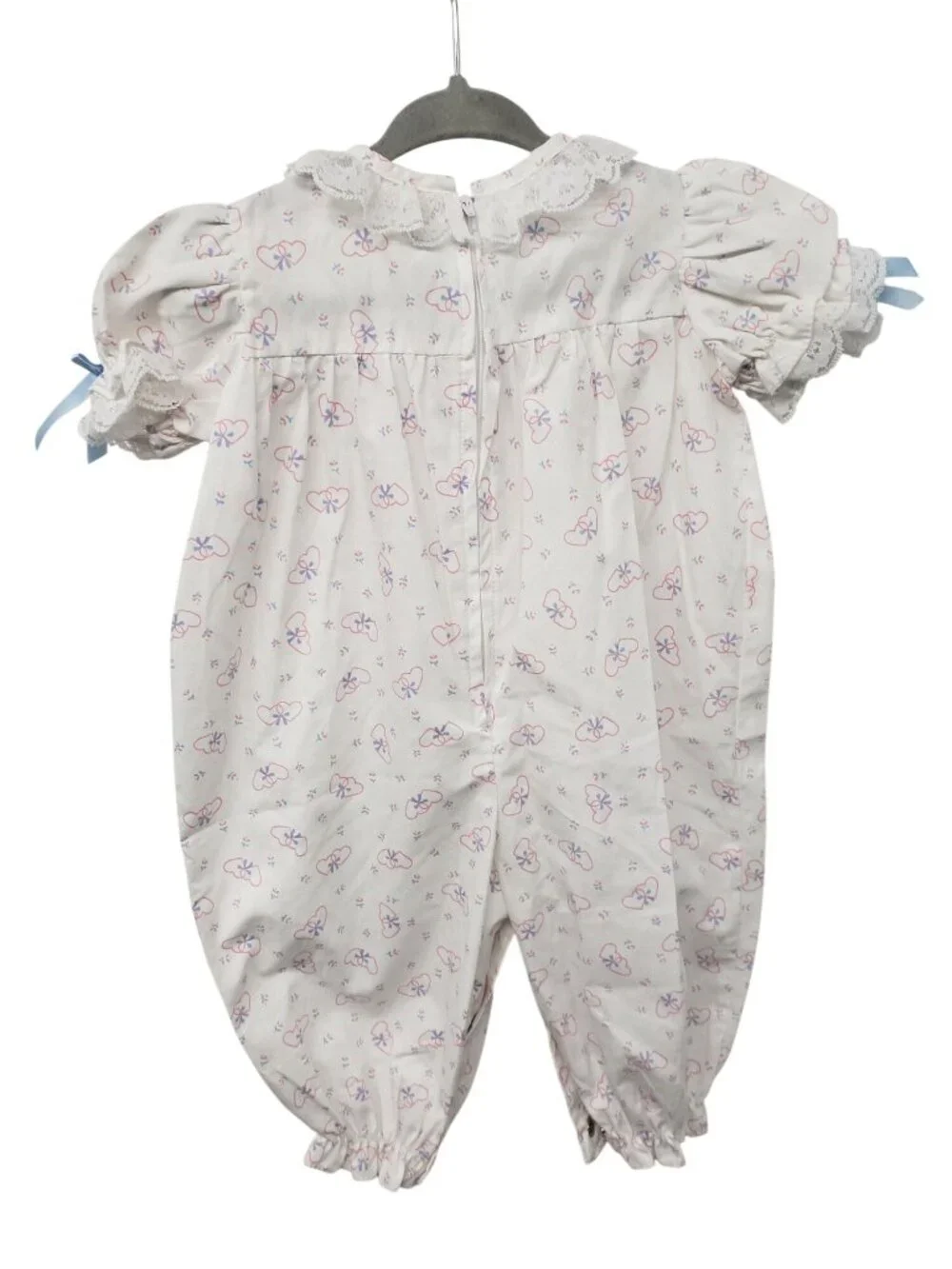 Vintage Baby Girl Smocked Bubble Romper Puff Sleeve Bow Heart White Pink 6-9 Mos